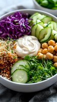 Fresh buddha bowl with quinoa, chickpeas, red cabbage, cucumber, microgreens and yogurt sauce served in white ceramic bowl. Healthy vegetarian lunch.