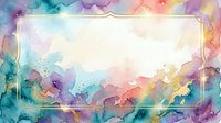 Watercolor abstract background with vibrant rainbow splashes and golden frame border, isolated on white for design projects and creative layouts.