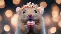 Adorable hamster wearing pearl tiara against blurred bokeh lights background, holding tiny paws near face in cute pose, close up portrait of pet rodent.