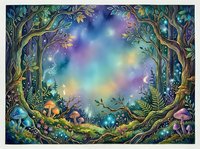 Enchanted forest clearing with glowing mushrooms, twisted trees, and magical luminescent lights in purple, blue, and gold tones creating a mystical woodland fantasy atmosphere.