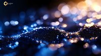 Glittering dark blue particles with golden bokeh lights creating abstract wave pattern on black background. Macro photography of sparkles and dust for luxury designs.