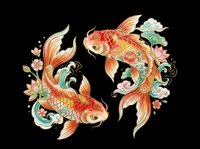 Pair of ornamental goldfish with flowing fins and decorative floral elements, isolated on transparent background. Ready for t-shirt design, clipart, stickers, sublimation, and print-on-demand projects.