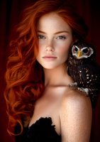 Young woman with long red curly hair and freckles posing with spotted owl on shoulder against dark background, dramatic portrait highlighting natural beauty and mystical connection.