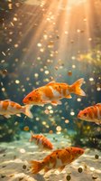 Orange goldfish swimming in sunlit aquarium water with golden bokeh light effects and floating particles creating magical underwater atmosphere.