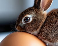 Close-up portrait of brown rabbit sniffing large brown egg against blurred background, showing curious animal behavior and natural interaction.
