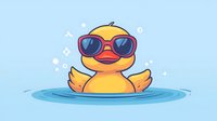 Cool rubber duck wearing sunglasses floating in water with sparkles. Fun bath toy character for summer pool party designs and children products.