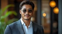 Confident young Asian businessman in stylish sunglasses and gray suit smiling in modern office environment with warm bokeh lighting background.