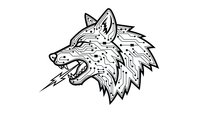 Fierce wolf head snarling with bared fangs in black line art style on white background isolated for logo design and apparel graphics.
