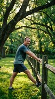 Smiling middle-aged Caucasian man stretching at a wooden fence in a lush green park, staying active and healthy outdoors.