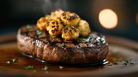 Juicy grilled beef steak topped with roasted mushrooms and fresh herbs on dark wooden board, close-up shot with selective focus and warm lighting.