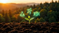 Young green seedling sprouting from soil with glowing neon wellness icons above, representing health, fitness, nutrition and sustainable living in natural forest landscape at sunrise.