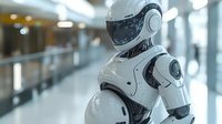 Futuristic white humanoid robot with sleek design standing in modern corridor with bokeh lights, representing artificial intelligence and automation technology.
