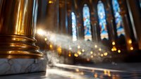 Atmospheric sunbeam streaming through stained glass windows in gothic cathedral interior with golden pillar and floating dust particles creating mystical ambiance.