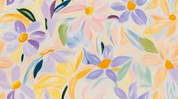 Delicate watercolor floral pattern with purple, peach and yellow daisies scattered on soft pastel background. Seamless repeat design for fabric, wallpaper and stationery.