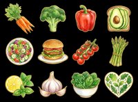Watercolor food and vegetable clipart set isolated on transparent background, ready for stickers, t-shirt design, print on demand, and sublimation projects.