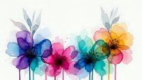 Watercolor flowers in vibrant colors with leaves on white background. Abstract floral art with paint splashes for spring designs and decorations.