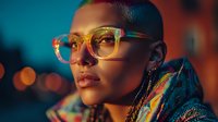 Young African American woman with short hair and transparent glasses in colorful lighting, wearing patterned scarf against blurred city lights background.