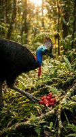 Southern cassowary bird with vibrant blue neck and casque feeding on red fruit in lush tropical rainforest with dappled sunlight filtering through canopy.