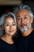 Mature Asian couple with silver hair wearing black, close-up portrait showing genuine smiles and natural aging. Wellness and relationship concept for senior lifestyle marketing.