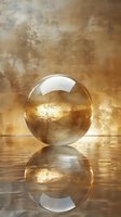 Crystal glass sphere reflecting golden light on reflective surface against textured bronze background, creating mystical atmospheric mood with mirror effect.
