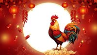 Colorful rooster with vibrant plumage stands against full moon backdrop with red lanterns and fireworks for Chinese New Year celebration.