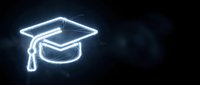 Glowing neon graduation cap symbol on dark background, representing education, academic achievement, and learning success for educational institutions and online courses.