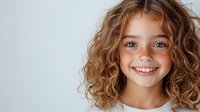 Young girl with natural curly honey-blonde hair and bright smile against light background, expressing joy and genuine happiness in casual portrait style.