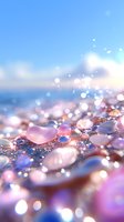 Delicate rose quartz crystals and water drops on sandy beach at sunrise create dreamy bokeh effect with soft pink and blue hues in magical morning light.