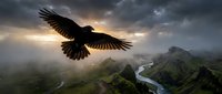 Majestic eagle soaring over misty mountain landscape at sunset with dramatic clouds and winding river valley below creating powerful nature scene.