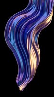 Flowing abstract liquid form with vibrant blue, purple, and gold gradient stripes on isolated black background, ready for graphic design and digital art projects.