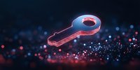 Glowing red key hologram floating over dark surface with bokeh light effects and particles in cybersecurity concept background.