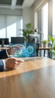 Businessman holding transparent tablet displaying digital alignment interface with glowing gears in modern office workspace for technology presentations.