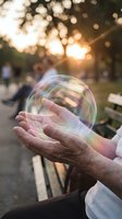 Elderly hands holding transparent soap bubble in park at golden hour sunset with bokeh background for mindfulness and meditation concepts.