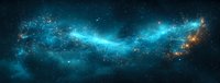 Cosmic nebula with glowing turquoise gases and scattered golden stars creates dramatic space panorama against dark background. Celestial astronomy scene.