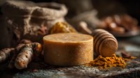 Aromatic turmeric root with golden powder and natural soap bar on rustic stone surface, surrounded by burlap sack and spices for skincare products.
