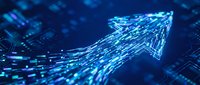 Digital arrow made of glowing blue data streams and light particles pointing upward, representing growth, progress and technological advancement in business.