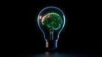 Glowing green brain inside light bulb on dark background symbolizing innovation, creative thinking and bright ideas in neuroscience and artificial intelligence.