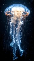 Luminescent jellyfish floating in dark waters with glowing blue and orange translucent body, trailing ethereal tentacles against deep marine background.