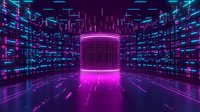 Futuristic digital tunnel with glowing pink cylinder and blue neon grid lines creating depth perspective. Binary code and light effects form cyberpunk atmosphere.