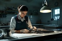 Female taxidermist with dark hair and fair complexion carefully examining and working on a crocodile specimen at a workbench under industrial lighting in a studio setting.