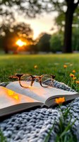Open book with tortoise shell glasses on knitted blanket in park at sunset, surrounded by yellow wildflowers and green grass, creating cozy reading atmosphere.
