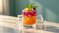 Colorful layered cocktail with fresh mint garnish and ice cubes on wooden surface. Refreshing summer drink with gradient colors from orange to pink.