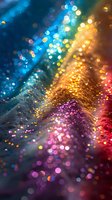 Magical glitter sparkles in vibrant blue, gold, and purple colors creating dreamy bokeh effect on dark background. Abstract festive lights for celebration designs.