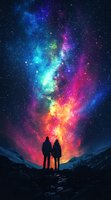 Silhouettes of couple watching vibrant aurora borealis with colorful nebula and stars in night sky over snowy mountain landscape. Romantic stargazing scene.