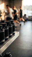 Black coffee mugs arranged on shelf in modern cafe with blurred customers in background creating warm atmospheric dining scene for hospitality marketing.