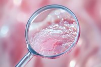 Magnifying glass revealing microscopic cellular structure on pink background with bokeh effect, scientific research concept for medical presentations.