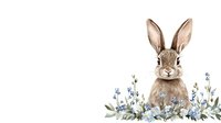 Watercolor brown bunny rabbit with blue and white wildflowers arrangement, spring nature illustration on white background, isolated design element for seasonal decor.