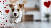 Playful Jack Russell terrier puppy running with red hearts floating around, valentine concept on light background, romantic pet photography for greeting cards.