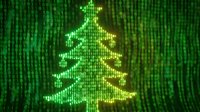 Digital Christmas tree made of glowing green binary code matrix with yellow star on top for holiday tech designs and cyber celebration concepts.