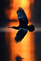 Majestic black bird soaring with outstretched wings against dramatic orange sunset sky reflected in calm water below creating stunning silhouette for nature photography.